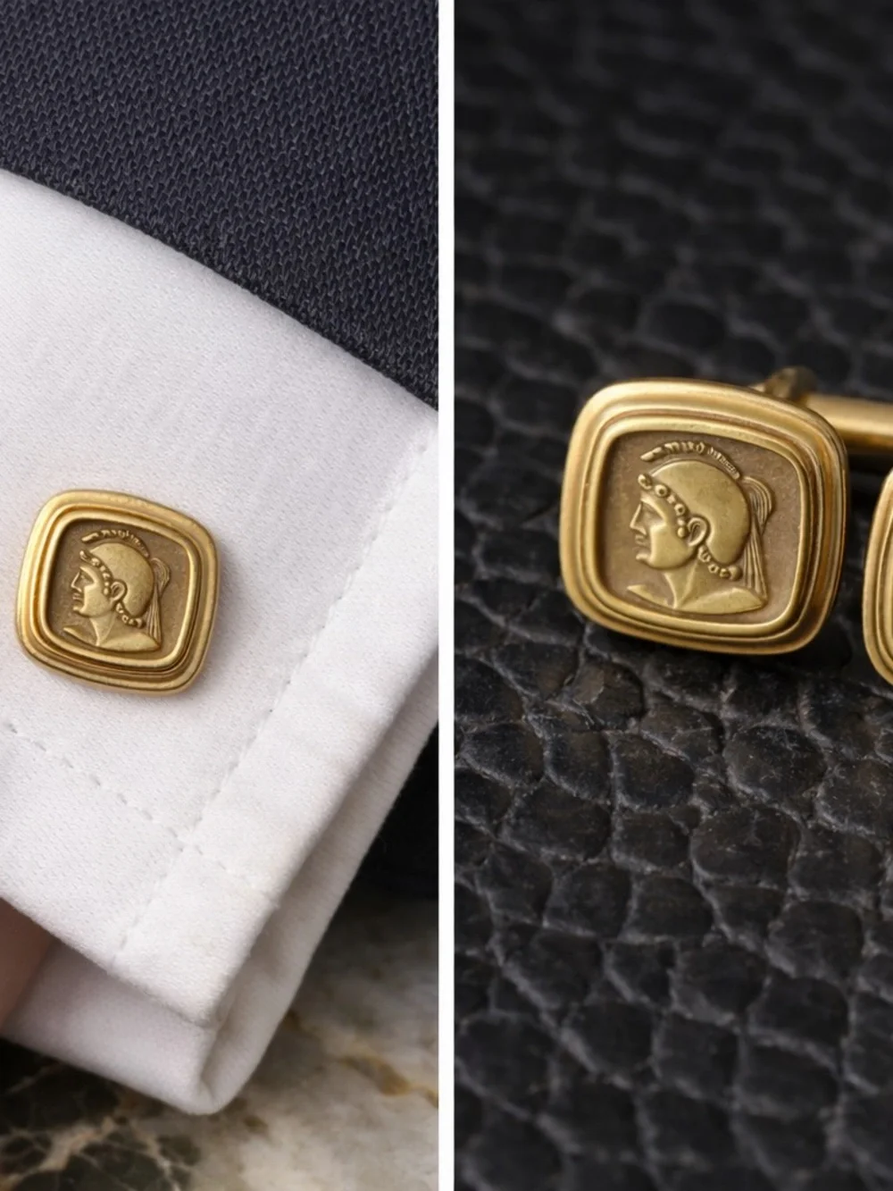 Krementz Roman Warrior Athena Cufflinks Vintage Art Deco Gold Tone Square
